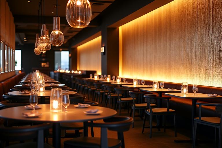 Interno di un ristorante di design con pareti decorate da Alba Scura.